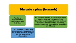 Mercado a plazo (forwards)
Facilita la
negociación de
contratos forward
de divisas
Los contratos forward más
comunes son a plazos de 30,
60, 90,180y 360 días, aunque
hay otros periodos
disponibles
Un contrato forward es un acuerdo entre
una corporación y una institución
financiera para intercambiar una cantidad
específica de una divisa a un tipo de
cambio especifico en una fecha específica
en el futuro
 