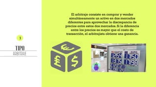 ARBITRAJE
El arbitraje consiste en comprar y vender
simultáneamente un activo en dos mercados
diferentes para aprovechar la discrepancia de
precios entre estos dos mercados. Si la diferencia
entre los precios es mayor que el costo de
transacción, el arbitrajista obtiene una ganancia.
 