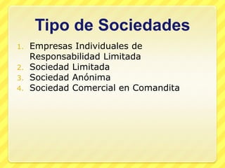 Tipo de Sociedades
1. Empresas Individuales de
   Responsabilidad Limitada
2. Sociedad Limitada
3. Sociedad Anónima
4. Sociedad Comercial en Comandita
 