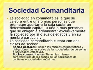Sociedad Comanditaria
   La sociedad en comandita es la que se
    celebra entre una o mas personas que
    prometen aportar a la caja social un
    determinado capital, u una o mas personas
    que se obligan a administrar exclusivamente
    la sociedad por si o sus delegados y en su
    nombre particular.
   La sociedad comanditaria cuenta con dos
    clases de socios:
     Socios gestores: Tienen las mismas características y
      obligaciones de los socios de las sociedades de personas
      o sociedades colectivas.
     Socios comanditarios: Tienen las mismas
      características de los socios de las sociedades de
      capitales o sociedades anónimas.
 