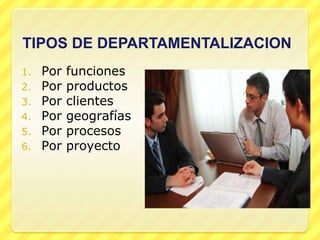 TIPOS DE DEPARTAMENTALIZACION
1.   Por   funciones
2.   Por   productos
3.   Por   clientes
4.   Por   geografías
5.   Por   procesos
6.   Por   proyecto
 
