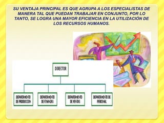 SU VENTAJA PRINCIPAL ES QUE AGRUPA A LOS ESPECIALISTAS DE
  MANERA TAL QUE PUEDAN TRABAJAR EN CONJUNTO, POR LO
TANTO, SE LOGRA UNA MAYOR EFICIENCIA EN LA UTILIZACIÓN DE
                 LOS RECURSOS HUMANOS.
 