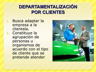 DEPARTAMENTALIZACIÓN
          POR CLIENTES
1. Busca adaptar la
   empresa a la
   clientela.
2. Constituye la
   agrupación de
   personas u
   organismos de
   acuerdo con el tipo
   de cliente que se
   pretende atender
 