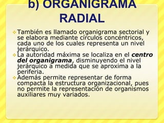 b) ORGANIGRAMA
          RADIAL
 También    es llamado organigrama sectorial y
  se elabora mediante círculos concéntricos,
  cada uno de los cuales representa un nivel
  jerárquico.
 La autoridad máxima se localiza en el centro
  del organigrama, disminuyendo el nivel
  jerárquico a medida que se aproxima a la
  periferia.
 Además permite representar de forma
  compacta la estructura organizacional, pues
  no permite la representación de organismos
  auxiliares muy variados.
 