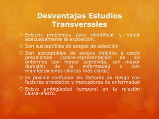 Desventajas Estudios 
Transversales 
 Existen problemas para identificar y medir 
adecuadamente la exposición. 
 Son susceptibles de sesgos de selección 
 Son susceptibles de sesgos debidos a casos 
prevalentes (sobre-representación de los 
enfermos con mayor sobrevida, con mayor 
duración de la enfermedad o con 
manifestaciones clínicas más claras) 
 Es posible confundir los factores de riesgo con 
factores pronóstico y marcadores de enfermedad 
 Existe ambigüedad temporal en la relación 
causa-efecto. 
 
