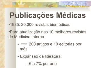 Publicações Médicas 1985: 20.000 revistas biomédicas Para atualização nas 10 melhores revistas de Medicina Interna -    200 artigos e 10 editorias por    mês  - Expansão da literatura: - 6 a 7% por ano 