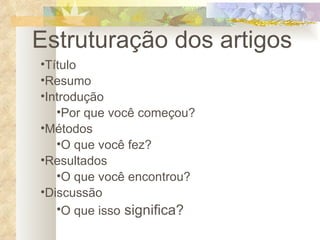 Estruturação dos artigos  Título Resumo Introdução Por que você começou? Métodos O que você fez? Resultados O que você encontrou? Discussão O que isso  significa? 