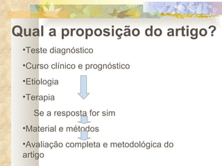 Qual a proposição do artigo? Teste diagnóstico Curso clínico e prognóstico  Etiologia Terapia Se a resposta for sim Material e métodos Avaliação completa e metodológica do    artigo 