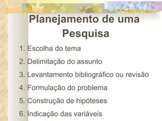 Planejamento de uma  Pesquisa Escolha do tema Delimitação do assunto Levantamento bibliográfico ou revisão Formulação do problema Construção de hipóteses Indicação das variáveis  