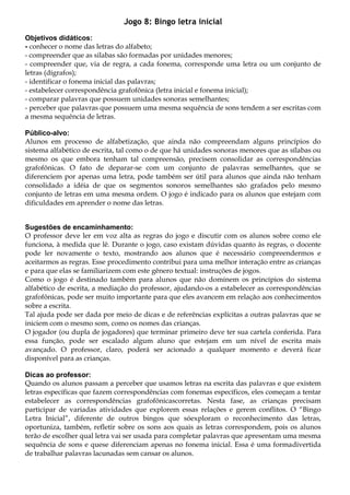 Jogo 8: Bingo letra inicial
Objetivos didáticos:
- conhecer o nome das letras do alfabeto;
- compreender que as silabas são formadas por unidades menores;
- compreender que, via de regra, a cada fonema, corresponde uma letra ou um conjunto de
letras (dígrafos);
- identificar o fonema inicial das palavras;
- estabelecer correspondência grafofônica (letra inicial e fonema inicial);
- comparar palavras que possuem unidades sonoras semelhantes;
- perceber que palavras que possuem uma mesma sequência de sons tendem a ser escritas com
a mesma sequência de letras.
Público-alvo:
Alunos em processo de alfabetização, que ainda não compreendam alguns princípios do
sistema alfabético de escrita, tal como o de que há unidades sonoras menores que as sílabas ou
mesmo os que embora tenham tal compreensão, precisem consolidar as correspondências
grafofônicas. O fato de deparar-se com um conjunto de palavras semelhantes, que se
diferenciem por apenas uma letra, pode também ser útil para alunos que ainda não tenham
consolidado a idéia de que os segmentos sonoros semelhantes são grafados pelo mesmo
conjunto de letras em uma mesma ordem. O jogo é indicado para os alunos que estejam com
dificuldades em aprender o nome das letras.
Sugestões de encaminhamento:
O professor deve ler em voz alta as regras do jogo e discutir com os alunos sobre como ele
funciona, à medida que lê. Durante o jogo, caso existam dúvidas quanto às regras, o docente
pode ler novamente o texto, mostrando aos alunos que é necessário compreendermos e
aceitarmos as regras. Esse procedimento contribui para uma melhor interação entre as crianças
e para que elas se familiarizem com este gênero textual: instruções de jogos.
Como o jogo é destinado também para alunos que não dominem os princípios do sistema
alfabético de escrita, a mediação do professor, ajudando-os a estabelecer as correspondências
grafofônicas, pode ser muito importante para que eles avancem em relação aos conhecimentos
sobre a escrita.
Tal ajuda pode ser dada por meio de dicas e de referências explícitas a outras palavras que se
iniciem com o mesmo som, como os nomes das crianças.
O jogador (ou dupla de jogadores) que terminar primeiro deve ter sua cartela conferida. Para
essa função, pode ser escalado algum aluno que estejam em um nível de escrita mais
avançado. O professor, claro, poderá ser acionado a qualquer momento e deverá ficar
disponível para as crianças.
Dicas ao professor:
Quando os alunos passam a perceber que usamos letras na escrita das palavras e que existem
letras específicas que fazem correspondências com fonemas específicos, eles começam a tentar
estabelecer as correspondências grafofônicascorretas. Nesta fase, as crianças precisam
participar de variadas atividades que explorem essas relações e gerem conflitos. O “Bingo
Letra Inicial”, diferente de outros bingos que sóexploram o reconhecimento das letras,
oportuniza, também, refletir sobre os sons aos quais as letras correspondem, pois os alunos
terão de escolher qual letra vai ser usada para completar palavras que apresentam uma mesma
sequência de sons e quese diferenciam apenas no fonema inicial. Essa é uma formadivertida
de trabalhar palavras lacunadas sem cansar os alunos.
 