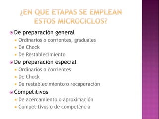  De preparación general
 Ordinarios o corrientes, graduales
 De Chock
 De Restablecimiento
 De preparación especial
 Ordinarios o corrientes
 De Chock
 De restablecimiento o recuperación
 Competitivos
 De acercamiento o aproximación
 Competitivos o de competencia
 