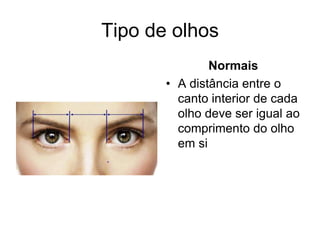 Tipo de olhos
Normais
• A distância entre o
canto interior de cada
olho deve ser igual ao
comprimento do olho
em si

 