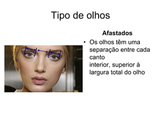 Tipo de olhos
Afastados
• Os olhos têm uma
separação entre cada
canto
interior, superior à
largura total do olho

 