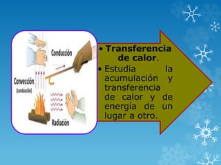 • Transferencia
de calor.
• Estudia la
acumulación y
transferencia
de calor y de
energía de un
lugar a otro.
 