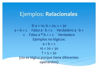Ejemplos: Relacionales
           Si a = 10, b = 20, c = 30
a + b > c Falso a - b < c Verdadero a - b =
      c Falso a * b < > c Verdadero
            Ejemplos no lógicos:
                    a<b<c
                 10 < 20 < 30
                   T > 5 < 30
   (no es lógico porque tiene diferentes
                 operandos)
 