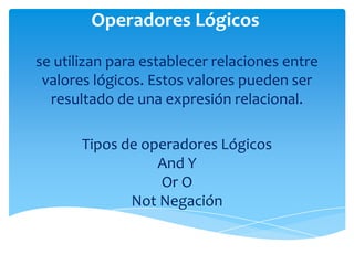 Operadores Lógicos

se utilizan para establecer relaciones entre
 valores lógicos. Estos valores pueden ser
  resultado de una expresión relacional.

       Tipos de operadores Lógicos
                  And Y
                  Or O
              Not Negación
 