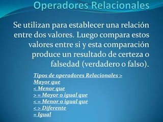 Se utilizan para establecer una relación
entre dos valores. Luego compara estos
    valores entre si y esta comparación
      produce un resultado de certeza o
           falsedad (verdadero o falso).
     Tipos de operadores Relacionales >
     Mayor que
     < Menor que
     > = Mayor o igual que
     < = Menor o igual que
     < > Diferente
     = Igual
 
