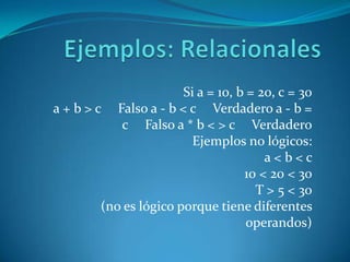 Si a = 10, b = 20, c = 30
a + b > c Falso a - b < c Verdadero a - b =
            c Falso a * b < > c Verdadero
                          Ejemplos no lógicos:
                                        a<b<c
                                    10 < 20 < 30
                                      T > 5 < 30
         (no es lógico porque tiene diferentes
                                     operandos)
 
