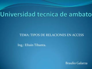 Universidad tecnica de ambato TEMA: TIPOS DE RELACIONES EN ACCESS  Ing.: Efraín Tibanta. Braulio Galarza 