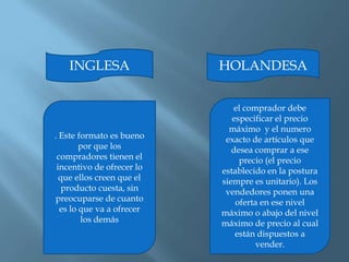 Subastas para un  artículo  único o lotes no separables esta es llamada “INGLESA”  El otro tipo es para vender muchos artículos idénticos o lotes separables, esta es llamada subasta "HOLANDESA".