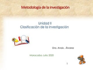 Unidad II
Clasificación de la investigación
Maracaibo Julio 2020
Dra. Anais , Álvarez
1
Metodologíadelainvestigación
 