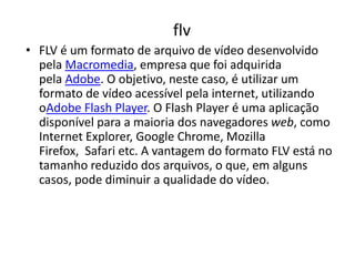 flv 
• FLV é um formato de arquivo de vídeo desenvolvido 
pela Macromedia, empresa que foi adquirida 
pela Adobe. O objetivo, neste caso, é utilizar um 
formato de vídeo acessível pela internet, utilizando 
oAdobe Flash Player. O Flash Player é uma aplicação 
disponível para a maioria dos navegadores web, como 
Internet Explorer, Google Chrome, Mozilla 
Firefox, Safari etc. A vantagem do formato FLV está no 
tamanho reduzido dos arquivos, o que, em alguns 
casos, pode diminuir a qualidade do vídeo. 
 