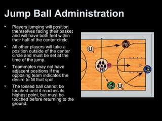 Jump Ball Administration Players jumping will position themselves facing their basket and will have both feet within their half of the center circle.   All other players will take a position outside of the center circle and must be set at the time of the jump.  Teammates may not have adjacent positions if the opposing team indicates the desire to fill that spot.  The tossed ball cannot be touched until it reaches its highest point, but must be touched before returning to the ground.  