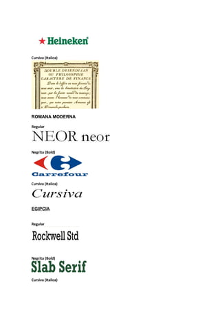 Cursiva (Italica)




ROMANA MODERNA

Regular




Negrita (Bold)




Cursiva (Italica)




EGIPCIA


Regular




Negrita (Bold)




Cursiva (Italica)
 