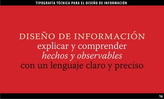 TIPOGRAFÍA TÉCNICA PARA EL DISEÑO DE INFORMACIÓN
16
diseño de información
explicar y comprender
hechos y observables
con un lenguaje claro y preciso
 