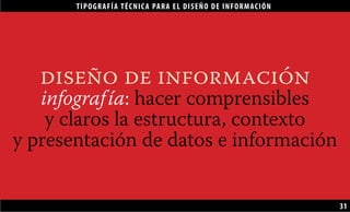 TIPOGRAFÍA TÉCNICA PARA EL DISEÑO DE INFORMACIÓN
31
diseño de información
infografía: hacer comprensibles
y claros la estructura, contexto
y presentación de datos e información
 