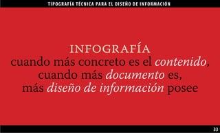 TIPOGRAFÍA TÉCNICA PARA EL DISEÑO DE INFORMACIÓN
33
infografía
cuando más concreto es el contenido,
cuando más documento es,
más diseño de información posee
 
