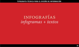 TIPOGRAFÍA TÉCNICA PARA EL DISEÑO DE INFORMACIÓN
76
infografías
infogramas + textos
 