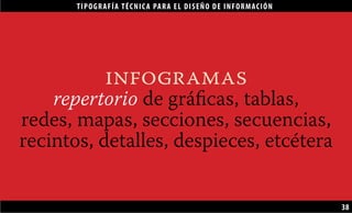 TIPOGRAFÍA TÉCNICA PARA EL DISEÑO DE INFORMACIÓN
38
infogramas
repertorio de gráficas, tablas,
redes, mapas, secciones, secuencias,
recintos, detalles, despieces, etcétera
 