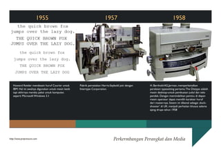 1955

1957

1958

the quick brown fox
jumps over the lazy dog.
THE QUICK BROWN FOX
JUMPS OVER THE LAZY DOG
Howard Kettler mendesain huruf Courier untuk
IBM. Hal ini awalnya digunakan untuk mesin ketik
tapi akhirnya mereka pakai untuk komputer,
seperti Microsoft Windows 3.1

http://www.prepressure.com

Pabrik percetakan Harris-Seybold join dengan
Intertype Corporation.

H. Berthold AG,Jerman, memperkenalkan
peralatan typesetting pertama. The Diatype adalah
mesin desktop-untuk pembuatan judul dan teks
pendek. Dengan memindahkan pemicu di depan
mesin operator dapat memilih karakter huruf
dari master-nya. Sistem ini dikenal sebagai ;duckshooter’ di UK. menjadi perhatian khusus selama
ajang drupa tahun 1958

Perkermbangan Perangkat dan Media

 