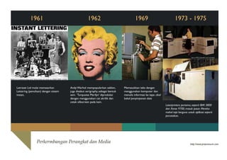 1961

Letraset Ltd mulai memasarkan
Lettering (penulisan) dengan sistem
instan,

1962

Andy Warhol mempopulerkan sablon,
juga disebut serigraphy, sebagai bentuk
seni. ‘Turquoise Marilyn’ diproduksi
dengan menggunakan cat akrilik dan
cetak silkscreen pada kain.

Perkermbangan Perangkat dan Media

1969

1973 - 1975

Memasukkan teks dengan
menggunakan komputer dan
menulis informasi ke tape. cikal
bakal penyimpanan data
Laserprinters pertama, seperti IBM 3800
dan Xerox 9700, masuk pasar. Mereka
mahal tapi berguna untuk aplikasi seperti
percetakan.

http://www.prepressure.com

 