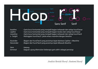 stem

baseline		
capline		
meanline		
x - height		

: Garis lurus horisontal yang menjadi bagian terbawah dari setiap huruf besar
: Garis lurus horisontal yang menjadi bagian teratas dari setiap huruf besar
: Garis lurus horisontal yang menjadi bagian terbawah dari setiap huruf kecil
: Ketinggian huruf kecil / jarak antara meanline dengan baseline

Ascender		
Descender		

: Bagian dari huruf kecil yang posisinya tepat diantara Capline + Meanline
: Bagian dari huruf kecil yang posisinya tepat dibawah Baseline

Stem			
terminal		

: batang
: baguan ujung ditemukan beberapa garis akhir sebagai penutup

Analisis Bentuk Huruf : Anatomi Huruf

 