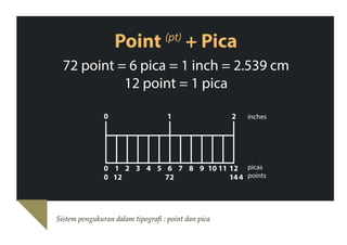 Point

(pt)

+ Pica

72 point = 6 pica = 1 inch = 2.539 cm
12 point = 1 pica
inches

picas
points

Sistem pengukuran dalam tipografi : point dan pica

 