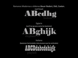 Romanas Modernas o didonas: Bauer Bodoni, Didi, Caxton. (serif lineal) Egipcia (serif tan grueso como los bastones) Italiana (bastones horiznotales más gruesos que los verticales) 