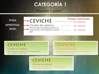 CATEGORÍA 1
TITULO
ENTRETITULO
TEXTO
Puntaje / Interlineado
“Puntaje y color”
Caviar Dreams
GeosansLight