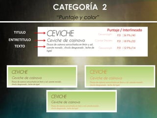 CATEGORÍA 2
“Puntaje y color”
TITULO
ENTRETITULO
TEXTO
Puntaje / Interlineado
Caviar Dreams
GeosansLight
GeosansLight