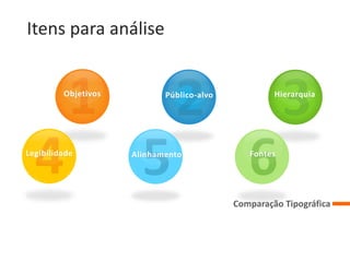 Itens para análise
Comparação Tipográfica
Objetivos Público-alvo Hierarquia
Legibilidade Alinhamento Fontes
 