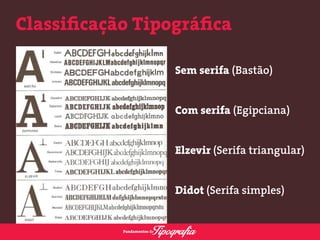 Classifi cação Tipográfi ca 
Sem serifa (Bastão) 
Com serifa (Egipciana) 
Elzevir (Serifa triangular) 
Didot (Serifa simples) 
 