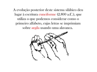 A evolução posterior deste sistema silábico deu
lugar à escritura cuneiforme (2.800 a.C.), que
utiliza o que podemos considerar como o
primeiro alfabeto, cujas letras se imprimiam
sobre argila usando uma alavanca.

 