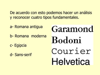 De acuerdo con esto podemos hacer un análisis y reconocer cuatro tipos fundamentales. a- Romana antigua b- Romana  moderna c- Egipcia d- Sans-serif 