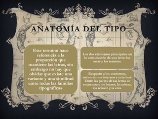 Este termino hace
referencia a la
proporción que
mantiene las letras, sin
embargo no hay que
olvidar que existe una
variante y una similitud
entre todas las familias
tipográficas
ANATOMÍA DEL TIPO
Los dos elementos principales en
la constitución de una letra: las
astas y los remates.
Respecto a los contornos,
encontramos internos y externos.
Entre las partes de las letras se
encuentran los brazos, la cabeza,
los remate y la cola.
 