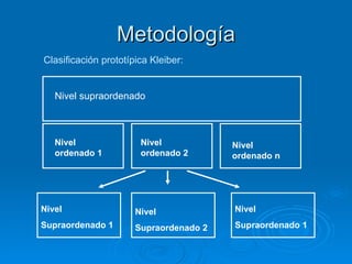 Metodología Nivel supraordenado Nivel ordenado 1 Nivel ordenado 2 Nivel ordenado n Nivel  Supraordenado 1 Clasificación prototípica Kleiber: Nivel  Supraordenado 2 Nivel  Supraordenado 1 