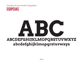 Classificação das Famílias Tipográficas 
ABC ABCDEFGHIJKLMOPQRSTUVWXYZ 
egipcias 
abcdefghijklmopqrstuvwxyz 
Arvo 
 