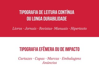 Tipografia de leitura contínua 
ou longa durabilidade 
Livros - Jornais - Revistas- Manuais - Hipertexto 
Tipografia efêmera ou de impacto 
Cartazes - Capas - Marcas - Embalagens 
Anúncios 
 