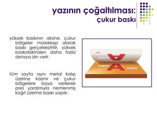 yazının çoğaltılması:
                                   çukur baskı

yüksek baskının aksine, çukur
  bölgeler mürekkep alarak
  baskı gerçekleştirilir. yüksek
  baskıdakinden daha fazla
  detaya izin verir.


tüm sayfa aynı metal kalıp
  üzerine kazınır ve çukur
  bölgelere boya verilerek
  pres yardımıyla nemlenmiş
  kağıt üzerine baskı yapılır.
 
