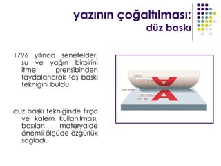 yazının çoğaltılması:
                              düz baskı

1796 yılında senefelder,
  su ve yağın birbirini
  itme       prensibinden
  faydalanarak taş baskı
  tekniğini buldu.


düz baskı tekniğinde fırça
  ve kalem kullanılması,
  basılan     materyalde
  önemli ölçüde özgürlük
  sağladı.
 